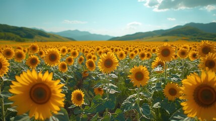 Obraz premium Vibrant Sunflower Field Under Bright Blue Sky with Majestic Mountains in Background, Showcasing Nature's Beauty and Agricultural Charm in Summer Landscape