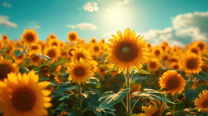 Obraz premium Vibrant Sunflower Field Under Bright Sky with Sunlight Shining on Blooms, Capturing Nature's Beauty and Serenity in a Breathtaking Landscape