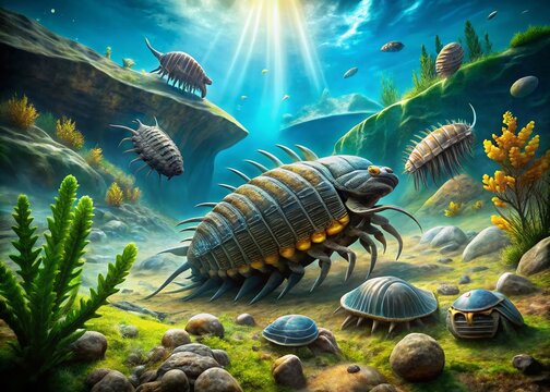 Captivating Product Photography of Eurypterus Hunting Trilobites in a Realistic Underwater Scene with Detailed Textures and Natural Lighting for Educational Purposes