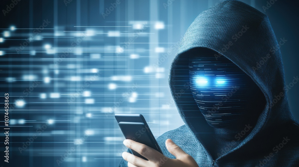 Aufkleber a hooded figure with a digital face holds a smartphone, surrounded by abstract data streams, suggest