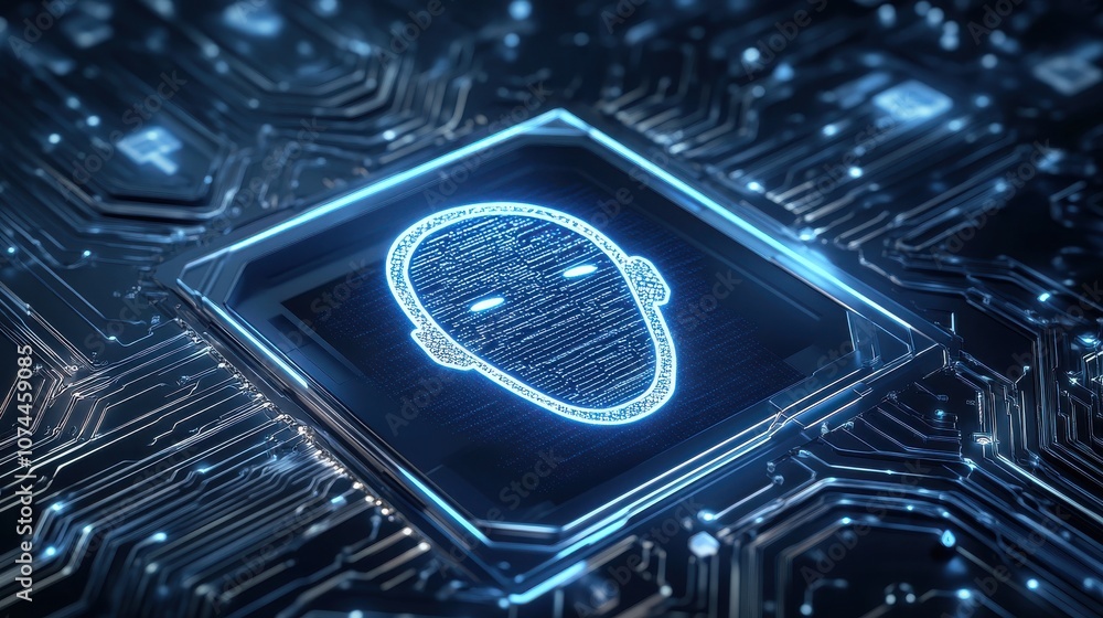 Poster a digital face icon on a microchip, representing artificial intelligence and technology.