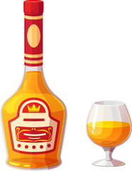 Calvados alcohol bottle and glass for bar drink or beverage, vector cartoon icon. Calvados brandy bottle with label and glass for premium quality alcohol drinks bar menu or party celebration