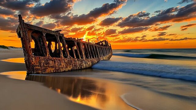 A rusty shipwreck sits on the sandy beach at sunset, the waves gently lapping at its side