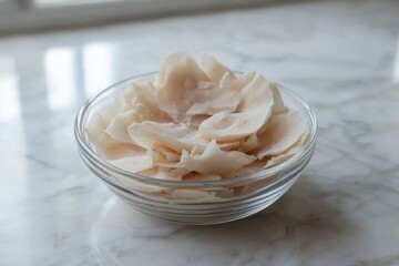 Minimalistic presentation of raw white fungus in glass bowl on marble surface