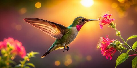 Fototapeta premium Captivating Silhouette of a Ruby Topaz Hummingbird Feeding on Vibrant Pink Jacobina Flower in a Lush Tropical Garden Setting at Dusk