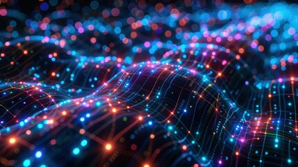 Abstract representation of a digital landscape featuring vibrant dots and lines creating a mesmerizing wave pattern, ideal for technology and innovation themes in stock photography.