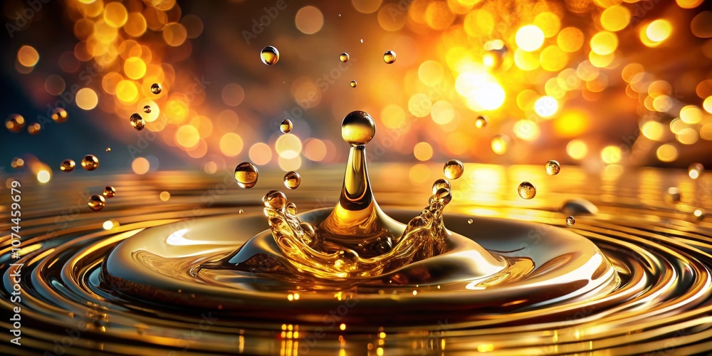 Poster captivating splash of golden oil drops with bokeh background, realistic liquid circles and bubbles c