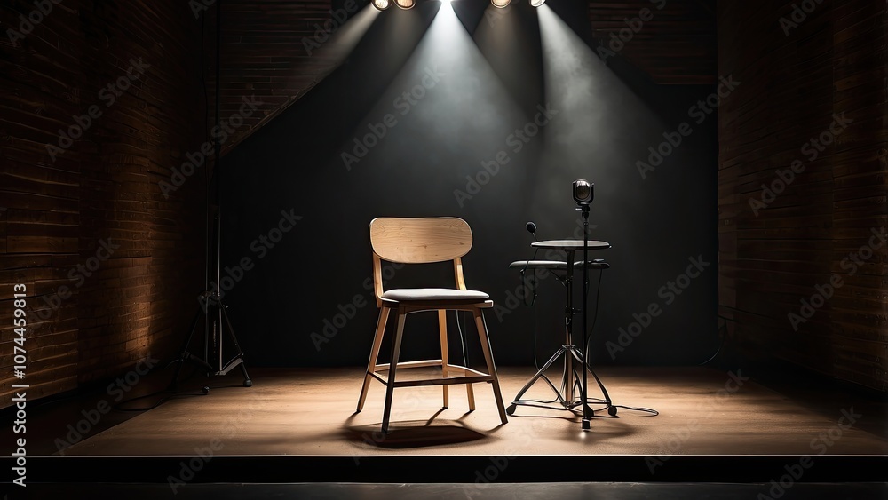 Poster stand-up comedy stage setup with stool and reflector rays creating a high