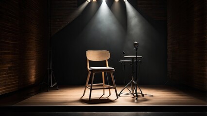 Stand-up comedy stage setup with stool and reflector rays creating a high