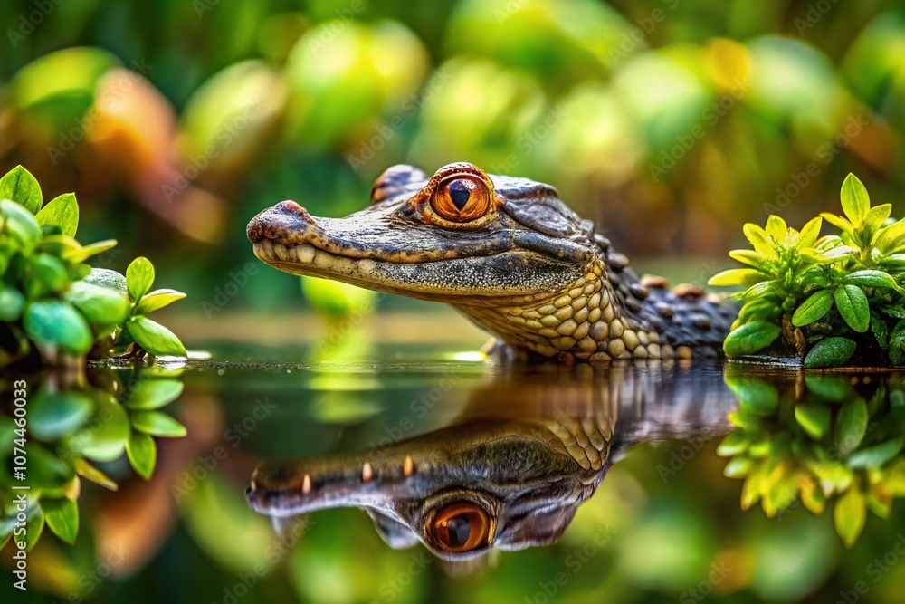 Poster captivating tilt-shift photography of a dwarf caiman surrounded by lush vegetation in a serene wetla