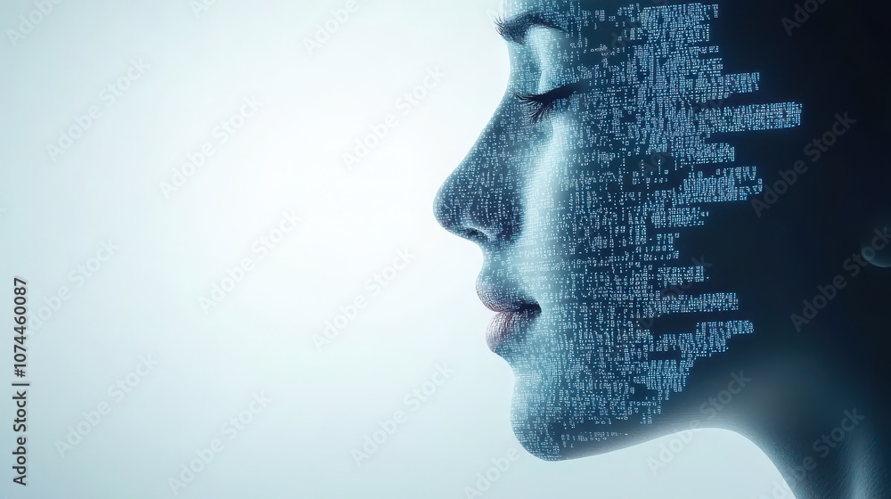 Poster a futuristic portrait combining human features with digital elements, depicting a face illuminated b