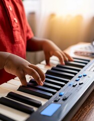 Fototapeta premium Midi keyboard or electronic piano and playing child hands
