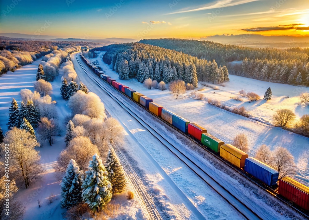 Poster captivating top view of a freight train with colorful carriages on snow-covered railways during wint