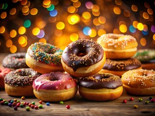 A Fresh Batch of Warm Fluffy Donuts with Colorful Glaze and Toppings Against a Silhouette Background