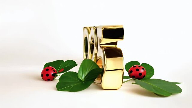 The year 2025 golden metal letters surrounded fourleaf clover ladybug olated white background video festive design symbolizes luck prosperity New making  ideal Year&rsquo;s greetings marketing materials