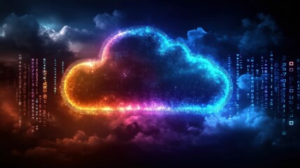 Obraz premium Vibrant Cloud Computing Concept with Neon Colors in Abstract Digital Landscape Surrounded by Data Streams and Futuristic Atmosphere