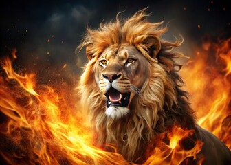 Fototapeta premium A Majestic Lion Surrounded by Fiery Flames Symbolizing Unyielding Strength and Determination in a Stunning Long Exposure Photo Capture