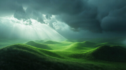 Fototapeta premium Dramatic Rolling Green Hills Under Stormy Skies with Sunlight Rays - Nature's Majesty