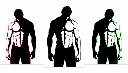 A silhouette of a muscular male Body with red & green outlines On white background. fitness & bodybuilding