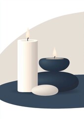 A candle and two small stones are on a table