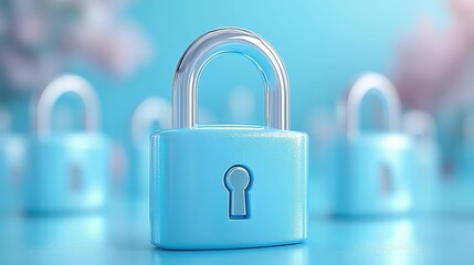 Fototapeta premium A Close-Up of a Bright Blue Padlock Placed on a Soft Blue Background with Blurred Floral Elements, Representing Security, Protection, and Trust in Digital or Physical Spaces