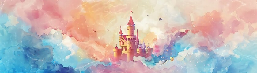 Obraz premium A whimsical minimal watercolor drawing of a vibrant-colored train chugging through a cute