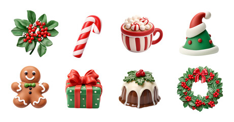 Christmas Decorations and Treats Set with Candy Cane, Wreath, Gingerbread, and Gifts