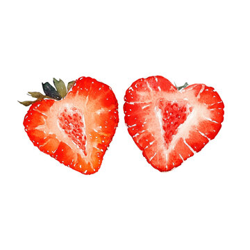 Two watercolor heart shaped strawberries on isolated background
