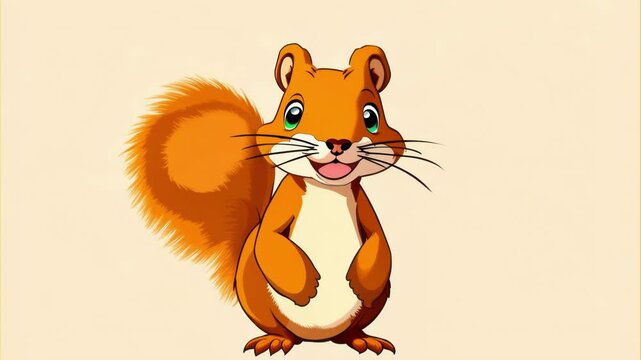 A cheerful cartoon squirrel with a friendly smile on a simple background, radiating warmth and playfulness. Ideal for themes of joy and friendliness.