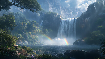 Fototapeta premium A serene moment at a lesser-known waterfall, where locals gather to relax and enjoy nature, with a rainbow visible in the mist 