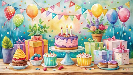 Celebrate with Watercolor Birthday Cards Featuring Delicious Cakes, Colorful Candles, and Joyful Decorations for a Festive and Heartwarming Atmosphere