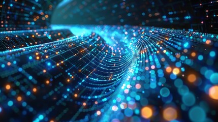 Captivating Abstract Digital Landscape with Glowing Particles and Flowing Lines in a Mesmerizing Blue and Orange Color Palette for Futuristic Themes