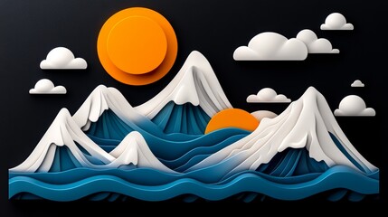 Stunning 3D Paper Art Mountains Ocean Sun Clouds Abstract Landscape