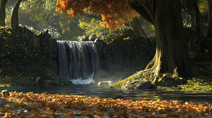 A tranquil scene of a small waterfall surrounded by ancient trees and a carpet of leaves, reflecting the charm of local nature spots 
