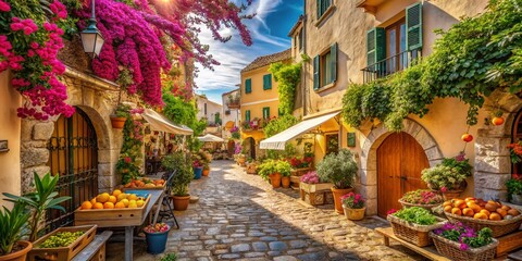 Fototapeta premium Charming Mediterranean Village Scene with Colorful Houses, Olive Trees, and Vibrant Local Market Stalls Featuring Fresh Produce and Traditional Mediterranean Cuisine