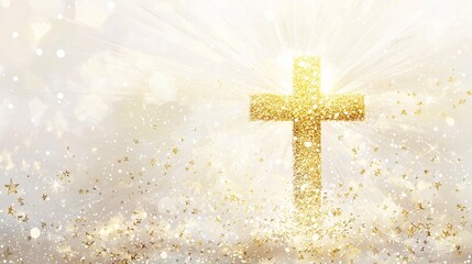 Elegant design of golden blessings with a cross, sparkling stars, and gentle light rays, symbolizing hope and gratitude, isolated on white.