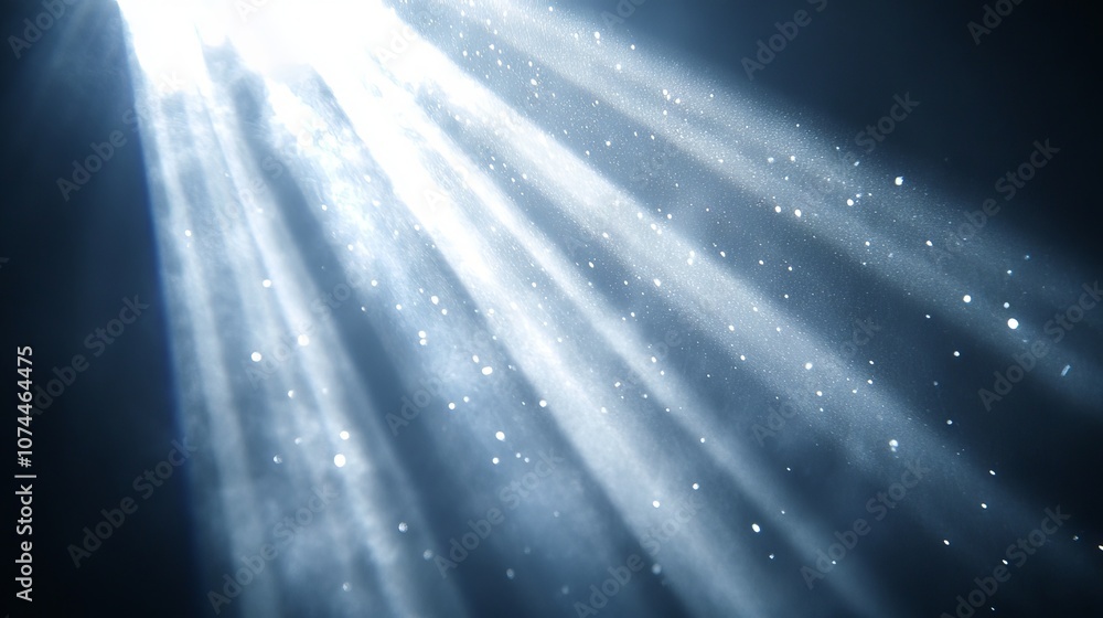 Poster sunlight streaming through dense forest trees, creating a magical light beam effect in a misty woodl