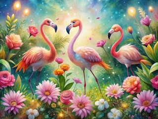 Obraz premium Charming Watercolor Illustration of Cute Cartoon Flamingos Surrounded by Vibrant Flowers with Bokeh Effect for a Whimsical and Colorful Design Aesthetic