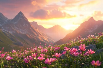 Fototapeta premium A mountain landscape with pink flowers and a dramatic sunset