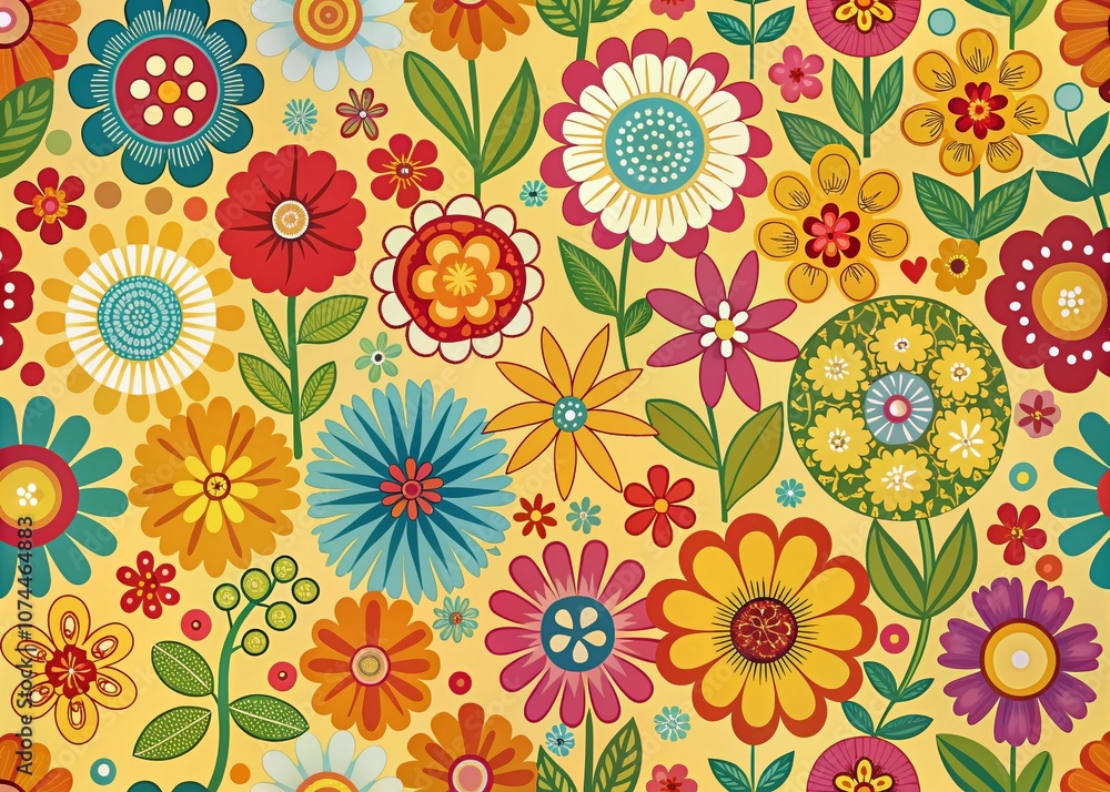 Poster cheerful vintage floral pattern on yellow background with optimistic retro vibes for nostalgic decor