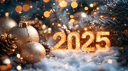 New Year 2025 Number with Festive Decorations and Sparkling Lights