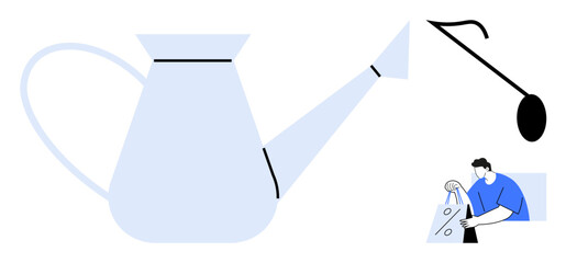 Watering can with long spout, man inserting objects into shopping bag, and hook. Ideal for gardening tips, online shopping, e-commerce, sustainability, home improvement, retail environmental