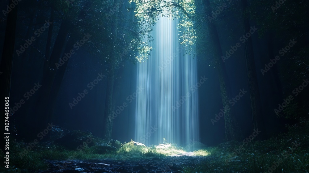 Poster sunlight streaming through dense forest trees, creating a magical light beam effect in a misty woodl