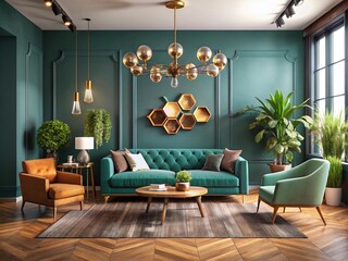 Chic Living Room Design with Birch Flooring, Steel Gray Walls, Teal Sofa, Vintage Brass Chandelier, and Elegant Decor