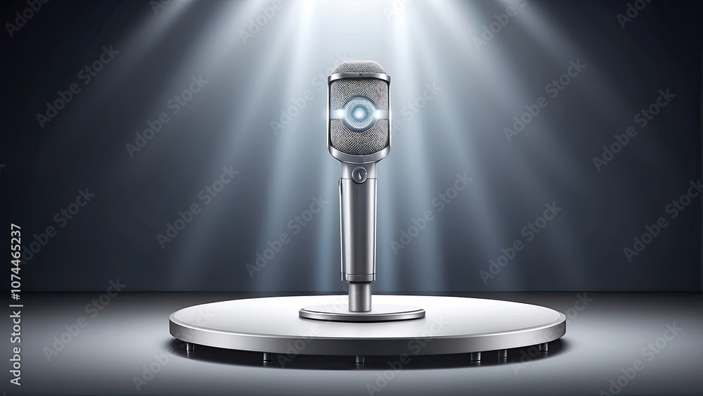 Poster situated on an empty circular white platform, realistic vector metallic microphone stands are lighte
