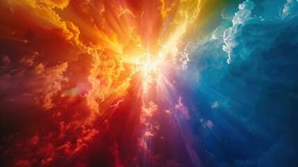 Naklejka premium Stunning Cosmic Sky with Colorful Clouds and Radiant Sunlight Shining through Bright and Dark Areas, Depicting a Dramatic Natural Phenomenon of the Atmosphere
