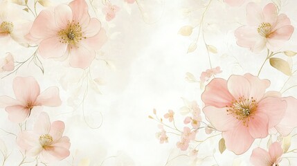 A pastel floral pattern with soft pink and gold accents on an elegant white background, perfect for a wedding invitation cover.