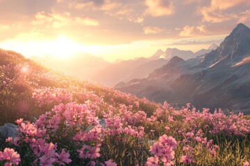 Fototapeta premium A mountain landscape with pink flowers and a dramatic sunset