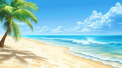 Obraz premium Palm Tree on a Sandy Beach with Blue Ocean and White Clouds