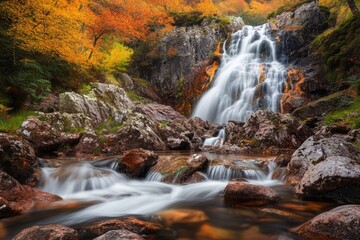 Obraz premium A majestic waterfall cascades over rocky terrain surrounded by vibrant autumn foliage. The flowing water creates a serene atmosphere ideal for nature lovers. Generative AI